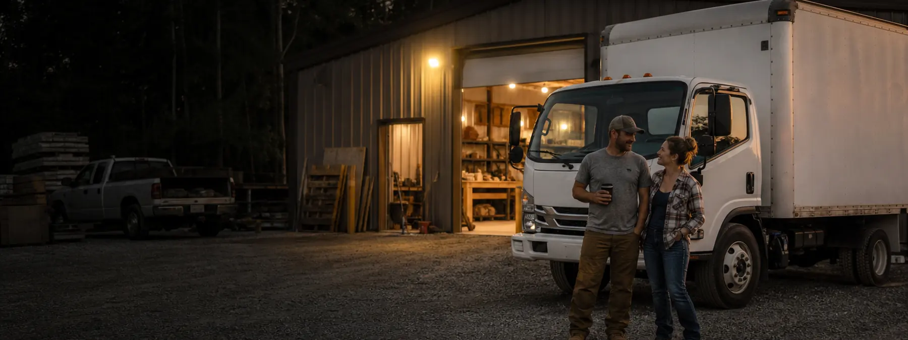 Two small-business owners standing in their yard at dusk beside a new box truck, with the lit shop behind them