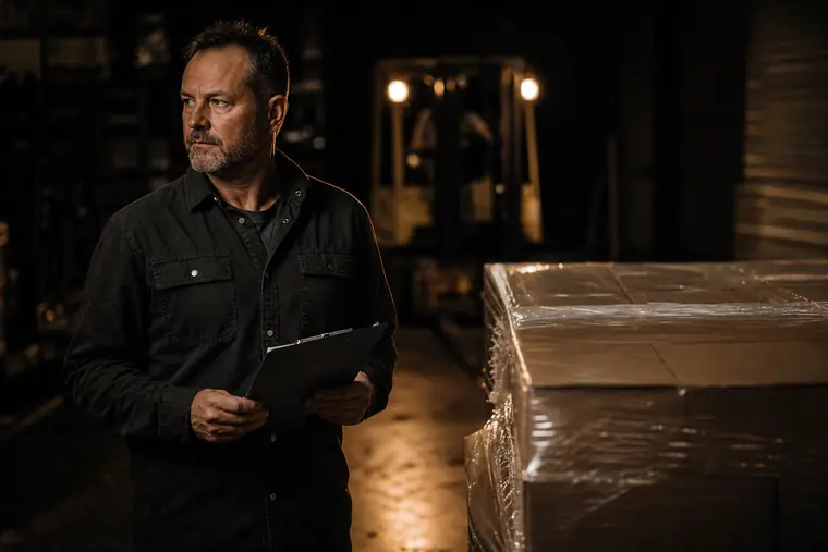 A warehouse owner with a clipboard beside pallets at a loading dock